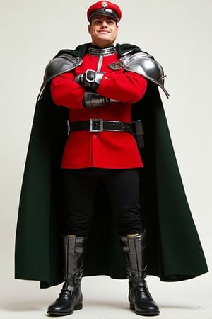 a man, fair skin, imposing, muscular, short hair, black hair, very long chin, dressed in a red military uniform with black accents and silver armor pieces, He wears a red hat with a badge, and has a broad smile with a confident, commanding posture, standing with his arms crossed, His shoulders are protected by silver armor, and he wears silver gauntlets and boots that match his overall combat-ready aesthetic, A large dark green cape flows behind him, attached to his shoulder armor, The scene should emphasize his powerful physique and his leadership presence, while maintaining the vibrant red and silver contrast of his outfit, oldCoolNiko