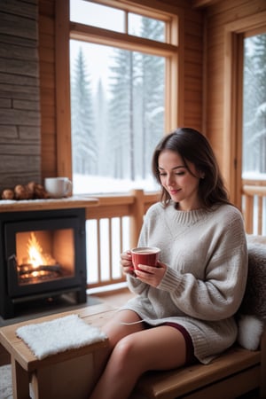 Cozy indoor photo, woman, wearing a knit sweater and holding a cup of hot chocolate, sitting by a fireplace in a log cabin, snow-covered trees outside the window, warm and inviting atmosphere,<lora:659095807385103906:1.0>