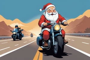 Excellence masterpice T-shirt design illustration of of a cute santa claus, riding a motorcycle, running from a police cruiser on a highway, sharper, clean lines, outline, muted colors, tshirt, vector design, design, no mockup,,<lora:659095807385103906:1.0>