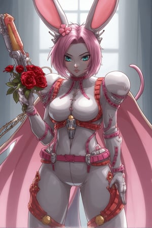 a woman, dressed in a futuristic fantasy nurse outfit, She has short dark pink hair, pale white skin color, vibrant turquoise-blue eyes, and wears a playful headpiece with large bunny ears and a pink clover, Her outfit is a blend of white and pink, adorned with mechanical elements like metallic red straps, large buckles, and soft pink ribbons, She holds a unique sci-fi pistol with angelic design, standing confidently while clutching a bouquet of red roses, The character has a charming and confident demeanor, merging a healer's softness with a fighter's strength, The scene is lit in a soft yet dynamic anime lighting style, emphasizing both the delicate fabric and the metallic textures of her gear, Dragon Ball anime style, key visual, vibrant, studio anime,  highly detailed, theContenderz