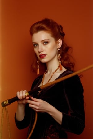 analog photo, a sophisticated woman, pretty european face, pale white skin color, She has long, voluminous auburn hair styled elegantly, cascading down her shoulders, ginger, green eyes color, deep looking, dressed in a luxurious, dark velvet gown, reminiscent of 17th-century Spanish nobility, holding a whip, striking gold chandelier earrings, Her expression is poised and confident, as she stands in front of a warm, burnt orange backdrop, looking at viewer, The setting evokes a regal and historical atmosphere, fade film, 100mm photo, grainy, vintage, stained, highly detailed, 100NewMemories