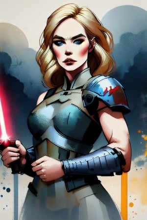 a young woman, (blonde: 1.3), with bangs, shoulder-length hair, light-blue eyes, grim face expression, pale skin, thin, wearing a brown robe, gray sleeveless armor, holding a red sith lightsaber with both hands, planet Endor in the background,YunQiuWaterColor,HQ