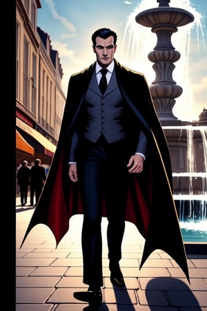 comic, a handsome male vampire wearing a gray business suit, black cape, embroided cape, classical french city in the background, sidewalk, market, fountain, graphic illustration, comic art, graphic novel art, vibrant, highly detailed,<lora:659111690174031528:1.0>