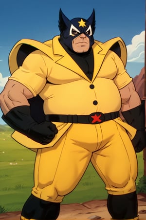 score_9,score_8_up,score_7_up, solo, 1man, fat, obese, dressed as wolverine from x-men in the yellow suit, classic wolverine mask, wolverine gloves with claws, rating_questionable,megaPals