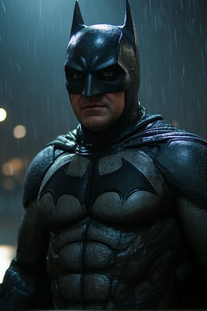 old man dressed as batman, muscled, hi-tech armoured, scarred, gritted teeth, fighting pose, raining, outdoors, at night, epic photo,  oldCoolNiko