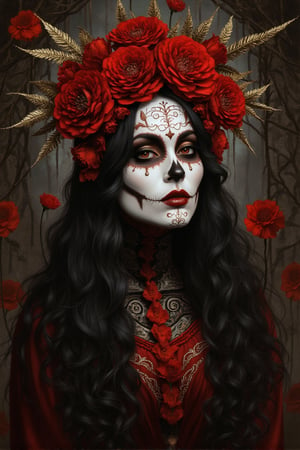 D&D style, woman day of the death, catrina makeup, adorned with filigree and chrysanthemum decorations, newhorrorfantasy_style