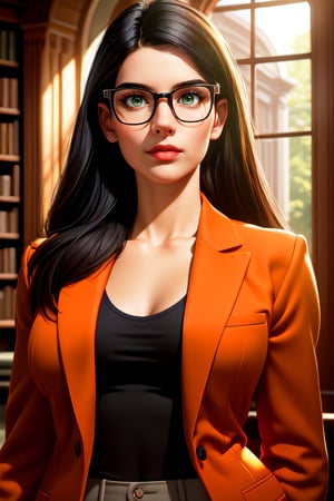 (best quality: 1.2), (masterpiece: 1.2), (realistic: 1.2), a young modern woman wearing a black t-shirt with a graphic in the center that might depict a face, 35 y.o, modern glasses, thin and defined eyebrows, straight long black hair over their shoulders, delicate featured face, closed mouth, (very small breasts size: 1.3), a broad, well-defined forehead, light green eyes, an orange blazer with a modern tailored cut, relaxed, confident, slightly inclined shoulders, standing, front of viewer, a library interior in the background, daylight, on eye level, scenic, masterpiece