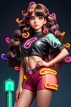 (best quality: 1.2), (masterpiece: 1.2), (realistic: 1.2), 1girl, symmetrical face, perfect brown eyes, sparks, (female hair made of fine multicolored neon curls:1.5), (long thin hair made of multicolored neon strands flowing down the body), smoky skin, realism, (in a colorful candy world:1.2), medium breasts, midriff, skinny, large hip, cute big circular reflective eyes, (caricature: 0.2), on eye level, scenic, masterpiece