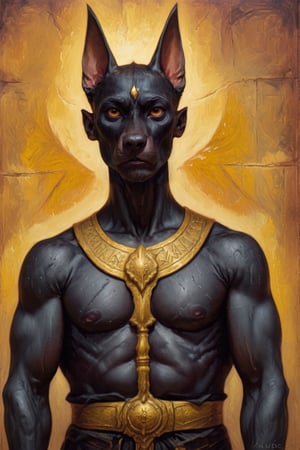 oil painting, solo, upper_body, closeup, 1man,  anubis,  the Egyptian god of mummification,  ancient egypt scene in the background,  black doberman dog face,  (anatomical masterpiece: 1.2),  8k, hdr, newhorrorfantasy_style, oil on canvas,,<lora:659095807385103906:1.0>