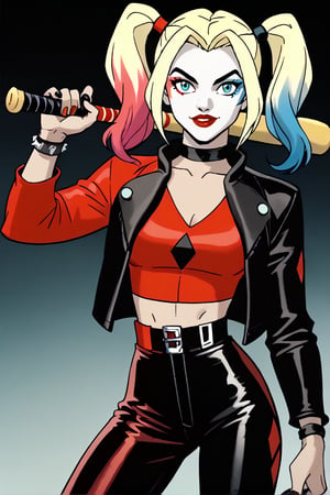 score_9,score_8_up,score_7_up, solo, 1woman, Harley Quinn, (sly smiling: 0.2), leather pants, mini jacket, holding baseball bat,  rating_questionable, joinTheEvolution