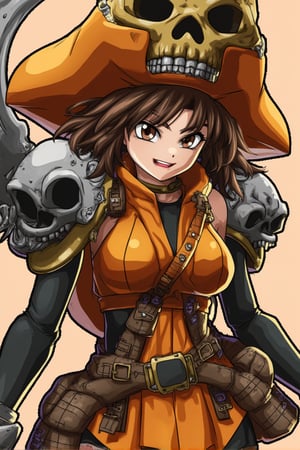 a young girl with a vibrant orange and black outfit, designed as a charismatic mechanic warrior, She wears a large pirate-like hat adorned with a skull, matching skull-shaped shoulder armor, and a large scythe weapon on her back, Brown hair, brown eyes, Her dynamic pose radiates confidence, as she holds a giant wrench in one hand, wearing a bright smile and squinting eyes as if greeting someone cheerfully, Happy. Cute smile, The outfit features a sleeveless top with utility belts, pouches, and straps across her waist, giving her a combat-ready, steampunk engineer look, Dragon Ball anime style, key visual, vibrant, studio anime,  highly detailed, theContenderz