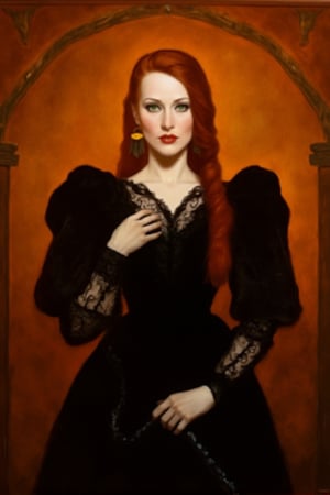 chiaroscuro painting, a sophisticated woman, pretty european face, pale white skin color, She has long, voluminous auburn hair styled elegantly, cascading down her shoulders, ginger, green eyes color, deep looking, dressed in a luxurious, dark velvet gown, reminiscent of 17th-century Spanish nobility, holding a whip, striking gold chandelier earrings, Her expression is poised and confident, as she stands in front of a warm, burnt orange backdrop, looking at viewer, The setting evokes a regal and historical atmosphere, newhorrorfantasy_style, oil on canvas