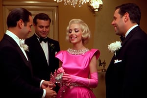 A glamorous woman, blonde, classic bob haircut, wearing a vibrant pink satin dress with long pink gloves, stands confidently in the center, smiling as she gracefully holds a sparkling diamond necklace which is being handed to her by one of the men, surrounded by elegantly dressed men in tuxedos, all gazing at her with admiration, The scene exudes luxury and charm, with an art deco backdrop and soft, golden lighting, The overall atmosphere evokes the classic 1950s glam, reminiscent of old Hollywood musicals or fashion editorials, focusing on elegance, sophistication, and opulence, oldCoolNiko