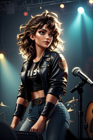 (best quality: 1.2), (realistic: 1.2), (masterpiece: 1.2), (detailed), 1woman, wearing a leather jacket, band t-shirt, small breasts size, messy hair, winged eyeliner, a cluttered dirty grunge club stage in the background, colorful stage lights, instruments, mounted microphone stand, amplifiers, speakers, (anatomical masterpiece: 1.2), (high detailed skin: 1.2), absurdres, HDR,realhands,leonardo,