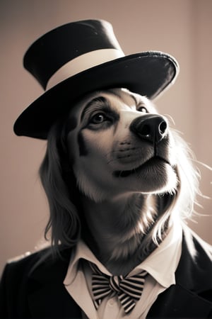 score_9,score_8_up,score_7_up, analog photo, solo, portrait, a yorkshire dog, wearing a top hat, black & white,  400OldMemories