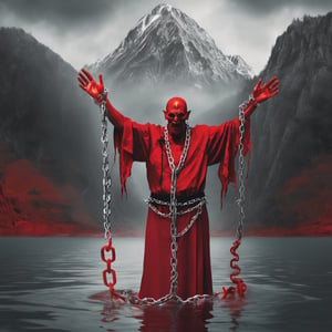 product photo cd,  cover art of a a priest in the water wrapped in chains attached to the arm of a red demon standing behind a mountain,