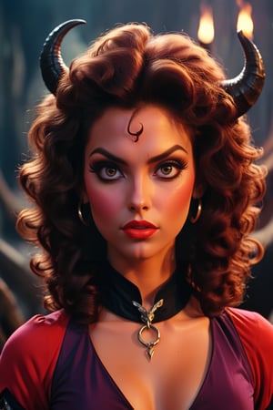 screenshot from a 70s movie, a female tiefling, seductive pout, sassy, cocky, curly horns, shoulder-length hair, warlock, cinematic pose,<lora:659095807385103906:1.0>