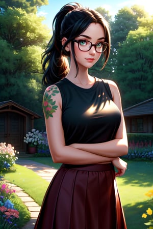 (best quality: 1.2), (masterpiece: 1.2), (realistic: 1.2), a young modern woman wearing a black t-shirt, (red skirt: 1.3), sleeveless, 35 y.o, modern glasses, thin and defined eyebrows, long ponytail black hair over their shoulders, delicate featured face, closed mouth, very small breasts size, a broad, well-defined forehead, light green eyes, cute big circular reflective eyes, relaxed, confident, slightly inclined shoulders, tatooed left arm, front of viewer, in a romantic garden setting, surrounded by flowers, tall trees, green grass, blue sky, daylight, illuminated, on eye level, scenic, masterpiece