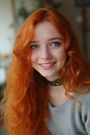 18 years old girl, cute, blue eyes, wavy long hair, ginger, huge smile, choker, leaning forward, oldCoolNiko