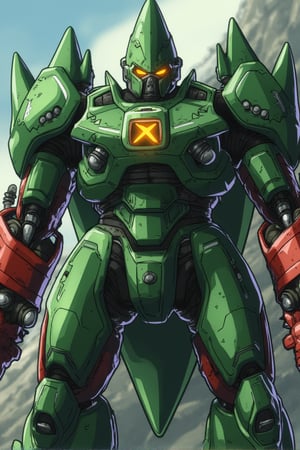 A heavily armored cybernetic warrior in a futuristic setting, towering with immense mechanical arms, holding advanced high-tech equipment, The character is clad in green combat armor with spiked shoulder pads, featuring industrial and robotic details, His helmet is designed with a medieval knight influence, equipped with glowing orange eyes that give a fierce and intimidating look, The chest armor displays a prominent 'X' symbol, emphasizing a militaristic or combat-focused background, His massive gauntlets are equipped with red and silver mechanical plating, complete with industrial tools, buttons, and lights that enhance his role as a technologically advanced fighter, The overall design merges the aesthetics of cyberpunk, mecha, and futuristic knight-like elements, The character exudes strength, power, and a cold, tactical demeanor, The lighting highlights the armor's metallic sheen, and the atmosphere is set in a dystopian, battle-worn world, Dragon Ball anime style, key visual, vibrant, studio anime,  highly detailed, theContenderz