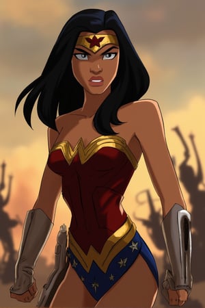 animation, a woman, wearing a wonder woman costume, power pose, war scene in the background, joinTheEvolution