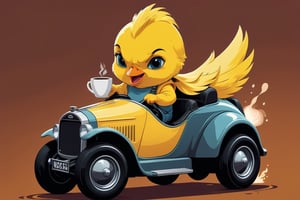 Excellence masterpice T-shirt design illustration of of a cute little canary riding a hotrod,  (drinking coffee while driving: 1.3), sharper, clean lines, outline, muted colors, tshirt, vector design, design, no mockup,<lora:659095807385103906:1.0>