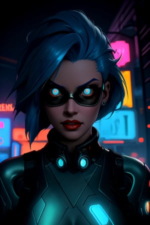 (best quality: 1.2), (masterpiece: 1.2), (realistic: 1.2), (detailed), 1woman, neon blue hair, wearing futuristic cyberpunk-style googles, reflecting the vibrant neon lights of a cityscape, metallic augmantations can be seen on her cheeks and neck, confident, fierce look in her eyes,  Frank Frazetta artstyle, (masterpiece: 1.2), absurdres, HDR,