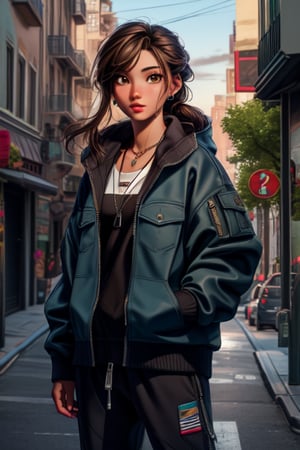 (best quality: 1.2), (masterpiece: 1.2), (realistic: 1.2), 1girl, baggy sweat pants, oversized jacket, half zipped jacket, city street, street wear, necklace, on eye level, scenic, masterpiece,3DMM