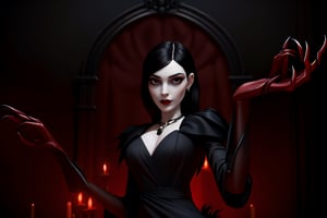 Horror-themed, a young aristocrat woman, pale skin, dark lipstic, dark eyelid makeup, long black hair, (she's wearing an elegant red dress: 1.3), she wears a necklace made of crow feathers on her neck, (unreal liquid black inked hands like claws: 1.3), mansion interior in the background, Eerie, unsettling, dark, spooky, suspenseful, grim, highly detailed