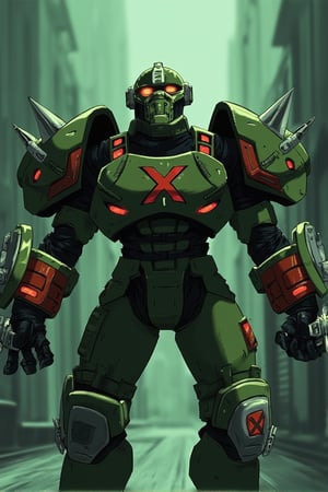 animation, A heavily armored cybernetic warrior in a futuristic setting, towering with immense mechanical arms, holding advanced high-tech equipment, The character is clad in green combat armor with spiked shoulder pads, featuring industrial and robotic details, His helmet is designed with a medieval knight influence, equipped with glowing orange eyes that give a fierce and intimidating look, The chest armor displays a prominent 'X' symbol, emphasizing a militaristic or combat-focused background, His massive gauntlets are equipped with red and silver mechanical plating, complete with industrial tools, buttons, and lights that enhance his role as a technologically advanced fighter, The overall design merges the aesthetics of cyberpunk, mecha, and futuristic knight-like elements, The character exudes strength, power, and a cold, tactical demeanor, The lighting highlights the armor's metallic sheen, and the atmosphere is set in a dystopian, battle-worn world, joinTheEvolution