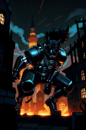 inked, comic style, lineart, an anthropomorphic black cute scottish terrier dog in a steampunk exoskeleton, biomechanical parts, steampunk city in ruins in the background, uhd, absurdres, dynamic lighting, dynamic pose, illustration, drawn style,HQ,