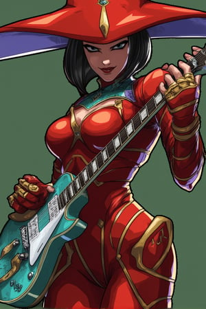 a striking woman, wearing a vibrant red form-fiting battle outfit with gold accents, including a tall, wide-brimmed red witch's hat with a mystical emblem, The character has short black hair and a confident smirk, with deep, captivating eyes, She wields a turquoise gibson les paul electric guitar with a white pickguard with intricate details and is posed dynamically as if about to perform or cast a spell, Her outfit combines a magical warrior aesthetic with futuristic elements, including fingerless gloves, a revealing chest plate, and high-tech armor pieces around her legs, The lighting should highlight the texture of her outfit and the shine of her guitar,, Dragon Ball anime style, key visual, vibrant, studio anime,  highly detailed, theContenderz