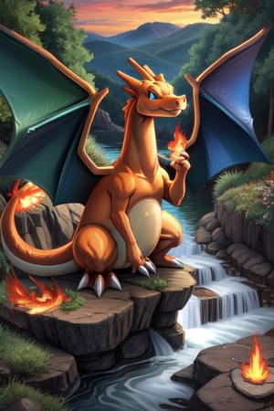 (best quality: 1.2), (masterpiece: 1.2), (realistic: 1.2),  Charizard_Pokemon, flame-tipped tail, wings, looking at viewer, smiling, blue eyes, sitting in a river, mountain, tree, roaring wate, cute big circular reflective eyes, (caricature: 0.2), on eye level, scenic, masterpiece