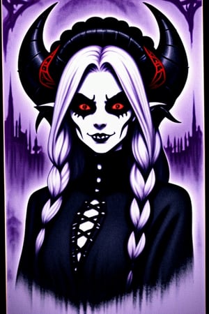 Horror-themed,  purple, black and red color scheme, albino demon queen, (long intricate horns), Intricate hairpieces, evil smiling, wearing a gothic punk attire, traditional Japanese aesthetic, victorian touch, Eerie, unsettling, dark, spooky, suspenseful, grim, highly detailed,insertNameHere,<lora:659111690174031528:1.0>