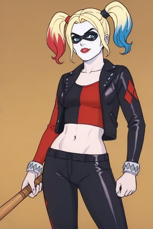 score_9,score_8_up,score_7_up, solo, 1woman, Harley Quinn, (sly smiling: 0.2), perfect drawn eyes, leather pants, mini jacket, holding baseball bat, source_cartoon, source_DC, rating_questionable, megaPals