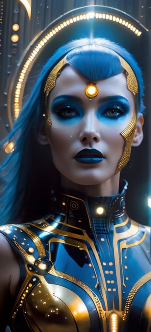a black and Silver Gold dotted face with dots on it, in the style of futuristic space elements glamour, animated gifs, stefan gesell, algorithmic artistry, android jones, tim hildebrandt, pop art with a dark sine of the moon dune future Galaxy black blue Blade runner star child side consumer culture,OHWX ,HellAI