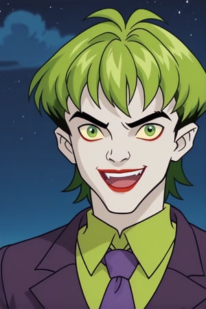 score_9,score_8_up,score_7_up, solo, 1man, 40 y.o, short dark green hair, lime green eyes, thin, (pale white skin: 1.2), red clown lipstick, wearing an elegant purple suit, lime green shirt, (purple tie: 1.2), crazy, mad smile, open mouth, amusement park in the background, at night, rating_safe, joinTheEvolution