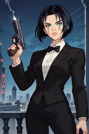 score_9,score_8_up,score_7_up, solo, 1woman, short bob haircut, black tuxedo, battle scars, holding a gun, city in the background, at night, rating_safe, joinTheEvolution