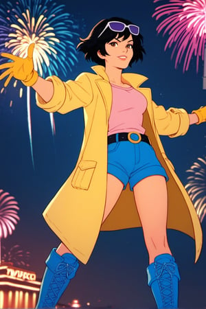 score_9,score_8_up,score_7_up, solo, 1girl, 18 y.o, black hair, very short hair, brown eyes, simple pink shirt, yellow coat, blue short pants, black belt, yellow gloves, blue long boots, purple shades on head, fireworks in the background,  rating_safe, megaPals