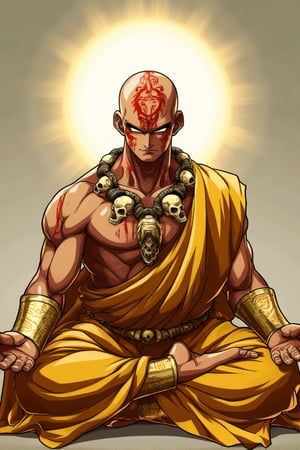 a mystical martial artist in a meditative pose,  highly muscular build with a shaved head adorned with red and white ceremonial markings, He wears a necklace of three human skulls around his neck, symbolizing ancient spiritual power, full shaved, His outfit consists of golden-yellow loose-fitting monk robes with intricate designs, and golden wrist and ankle bands that gleam with a metallic sheen, His skin has a slightly tan complexion, and his face is painted with red markings that emphasize his fierce expression, His eyes are closed, and his hands rest on his knees as if in deep concentration, His overall look reflects a combination of power, spirituality, and mysticism, The background is minimal, highlighting the character’s serene but imposing presence, with a slight aura or glow surrounding him, Dragon Ball anime style, key visual, vibrant, studio anime,  highly detailed, theContenderz