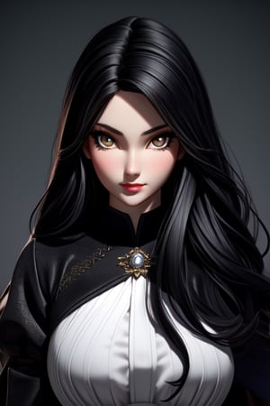 (best quality: 1.2), (masterpiece: 1.2), (realistic: 1.2), 1girl,  extremely delicate and beautiful, raven black hair, (amber eyes), portrait, pale skin, large breasts, intricate black and silver high-neck dress, very long (styled hair), (dark fantasy), cute big circular reflective eyes, (caricature: 0.2), on eye level, scenic, masterpiece,3DMM