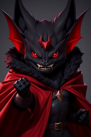 Fighting game style, a creature, his face looks like a bat, grey fur, dressed as a count, red lined cape, Dynamic, vibrant, action-packed, detailed character design, reminiscent of fighting video games