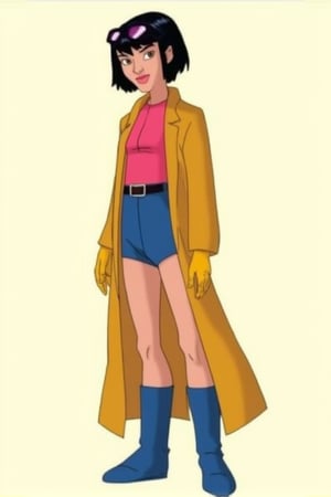 animation,  an 18 years old woman, short hair, black hair, brown eyes, simple pink shirt, open yellow coat, blue short pants, black belt, yellow gloves, blue long boots, purple shades on head,  flat colors, joinTheEvolution