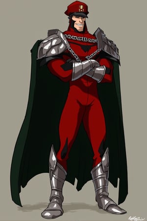 animation, a man, fair skin, imposing, muscular, short hair, black hair, long chin, dressed in a red military uniform with black accents and silver armor pieces, He wears a red hat with a badge, and has a broad smile with a confident, commanding posture, standing with his arms crossed, His shoulders are protected by silver armor, and he wears silver gauntlets and boots that match his overall combat-ready aesthetic, A large dark green cape flows behind him, attached to his shoulder armor, The scene should emphasize his powerful physique and his leadership presence, while maintaining the vibrant red and silver contrast of his outfit, joinTheEvolution