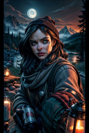 1girl, jessicajones, long hair, black hair, ((upper body selfie, happy)), masterpiece, best quality, ultra-detailed, solo, outdoors, (night), mountains, nature, (stars, moon) cheerful, happy, backpack, sleeping bag, camping stove, water bottle, mountain boots, gloves, sweater, hat, flashlight, forest, rocks, river, wood, smoke, shadows, contrast, clear sky, analog style, (look at viewer:1.2), (skin texture), (film grain:1.3), (warm hue, warm tone :1.2), close up, cinematic light, sidelighting, ultra high res, best shadow, RAW, upper body, wearing pullover  ,JoeMad