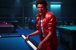 Fighting game style, an afro american man standing next to a pool table in a dimly lit room. The person’s face is blurred out and they are wearing a red jacket with white stripes on the sleeves and blue jeans. Screaming. The person is leaning on the pool table with one hand. The background consists of several pool tables and a foggy atmosphere. The lighting is dim and blue-tinted, Dynamic, vibrant, action-packed, detailed character design, reminiscent of fighting video games