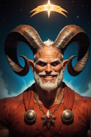 score_9,score_8_up,score_7_up, solo, 1boy, aries zodiac sign as a god, beardles, (big ram horns: 1.3), funny smiling, enchanted halo, outer space in the background, newhorrorfantasy_style