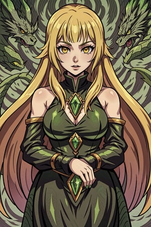 solo, 1woman, sorceress, 30 y.o, very long hair, blonde hair, yellow eyes, rounded face features, she wears a teardrop emerald amulet, her face is partially covered by green dragon scales, dangerous, erratic, 8k, high quality, newhorrorfantasy_style,<lora:659111690174031528:1.0>
