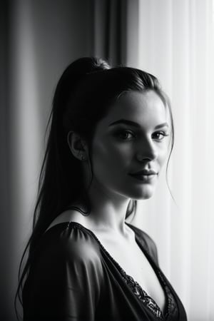 score_9,score_8_up,score_7_up, analog photo, cinematic photo, portrait, solo, 1woman, natural beauty, delicate featured face, deep looking, realitic eyes, long ponytail hairstyle, wearing a beautiful black Simri dress, (high detailed skin, pores: 1.2), simple background with curtains, looking at viewer, studio lighting, realistic shadows, hyper-realistic, realistic,  rating_safe, black & white, grayscale color scheme, no_color, colorless, 400 film, 400OldMemories,night,source_real
