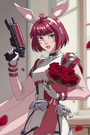 animation, a woman, dressed in a futuristic fantasy nurse outfit, She has short dark pink hair, pale white skin color, vibrant turquoise-blue eyes, and wears a playful headpiece with large bunny ears and a pink clover, Her outfit is a blend of white and pink, adorned with mechanical elements like metallic red straps, large buckles, and soft pink ribbons, She holds a unique sci-fi pistol with angelic design, standing confidently while clutching a bouquet of red roses, The character has a charming and confident demeanor, merging a healer's softness with a fighter's strength, The scene is lit in a soft yet dynamic anime lighting style, emphasizing both the delicate fabric and the metallic textures of her gear, joinTheEvolution